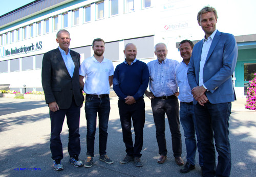Senterpartiets nestleder Ola Borten Moe besøkte Mo Industripark AS og Inkubator Helgeland AS. Fra venstre: Johan Petter Røssvoll, Willfred Nordlund, Arve Ulriksen, Jan Erik Svensson, Thoralf Lian og Ola Borten Moe.